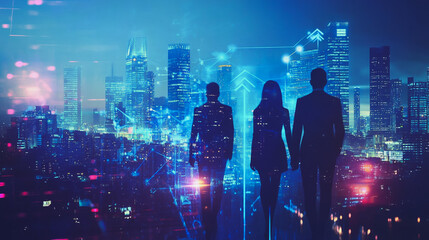 Fototapeta premium Abstract business team stands on the peak of success amid tall, innovative Smart city and graphs with statistics to analyze business potential and predict future developments in company growth.