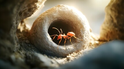 Meticulously crafted ant nest with a complex network of underground tunnels and chambers showcasing the intricate engineering and coordinated efforts of the colony