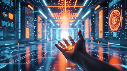 A dynamic abstract technology background depicts a hand touching a screen, with a multitude of digital elements emanating from screen, symbolizing interconnectedness and complexity of Internet of Thi