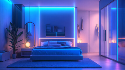 Night groovy bedroom vector cartoon home interior 2d background. Dark clean house y2k room with bed, glow lamp, carpet, mirror and wardrobe. Nobody inside cozy girly hotel apartment at nighttime