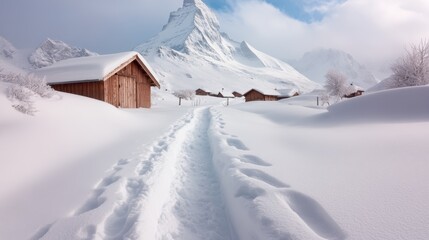 A picturesque winter scene depicting charming wooden cabins nestled in a serene snowy landscape, highlighting the beauty of tranquility amidst majestic mountains.