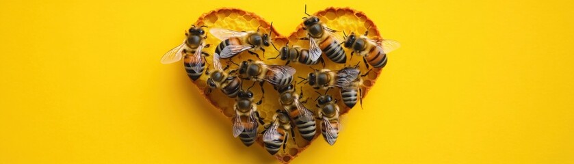 Heart-Shaped Honeycomb With Bees on Vibrant Yellow Background, Symbolizing Love for Nature and Importance of Bees in Ecosystem