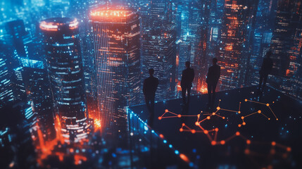 Fototapeta premium Abstract business team stands on the peak of success amid tall, innovative Smart city and graphs with statistics to analyze business potential and predict future developments in company growth.