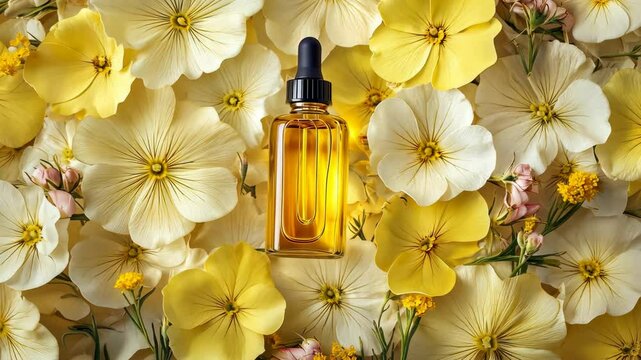 Evening primrose essential oil in a bottle. Selective focus. Nature.
