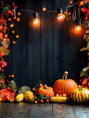 Obraz premium Thanksgiving day concept pumpkins with corn and other fruits decoration on black texture background