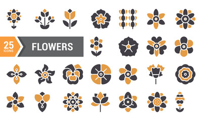 Obraz premium 25 Two-Color Flower Glyph Icons for Design Projects.