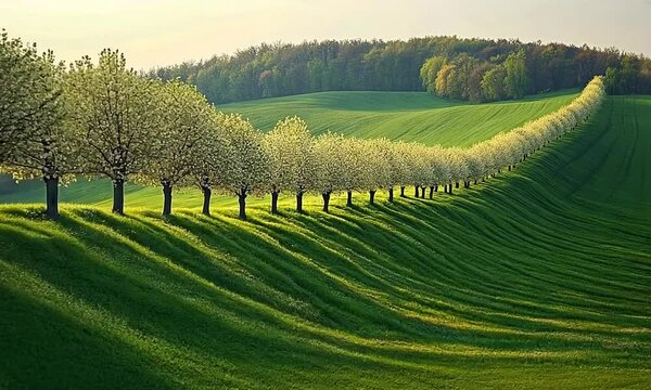 A serene landscape featuring a row of flowering trees on rolling green hills.