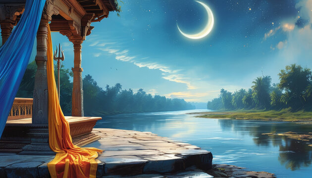 Great Night of Lord Shiva Podium, Empty product display podium, Holy River flow, river symbolizing the Ganges, Shiva’s Trishul and crescent moon, ad, podium platform, product presentation space