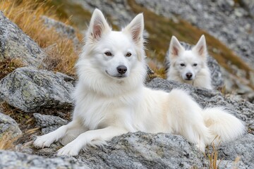 Obraz premium Two white fluffy dogs resting on rocks in mountains.