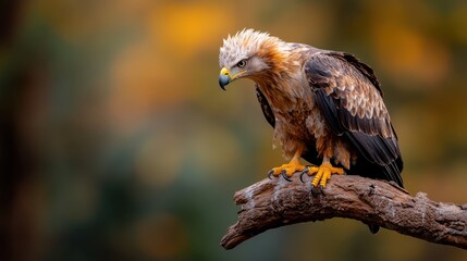 A powerful golden eagle rests on a tree branch, displaying intense focus and majesty, encapsulating the essence of wildlife and its stunning beauty.