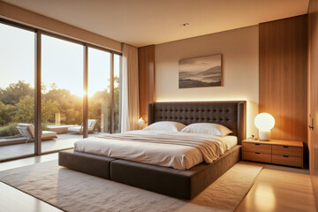 A photo of minimalistic bedroom interior design: A bedroom with a large bed and sliding glass doors.
