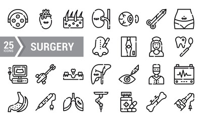 25 Lineal Cut Surgery Icons for Medical Websites and Apps.