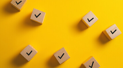 Check symbol on wooden cube on yellow background generated.AI