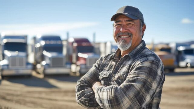 A smiling truck driver with a gray beard and cap smiles while standing in front of a fleet of trucks.