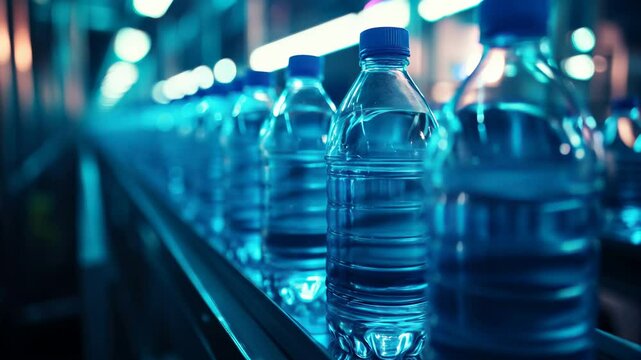 A row of clear plastic water bottles moving along an illuminated conveyor belt in an industrial bottling plant.
