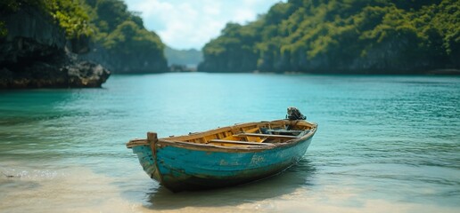 Tranquil blue water bay with small wooden boat on sandy beach.