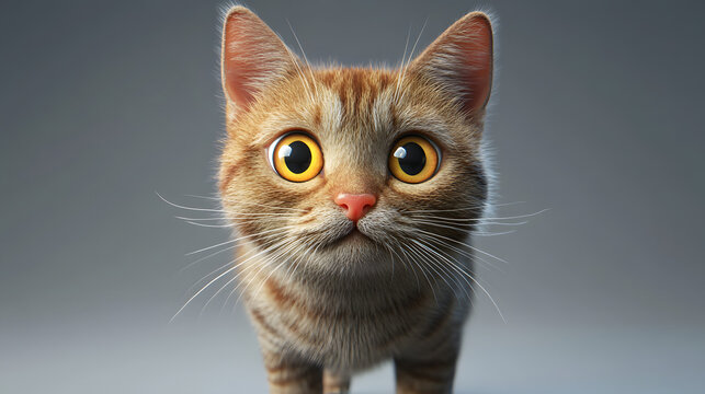 Close-up of a curious, striped cat with large eyes.