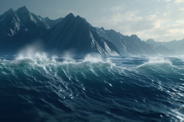 Fototapeta premium Dramatic Ocean Waves Crashing Against Rugged Mountains