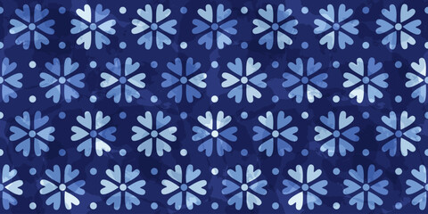 Heart shape flowers seamless vector pattern. Floral and polka dot geometric blue print