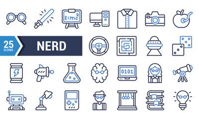 A Set of 25 Blue Line Icons for Nerdy People and Things.