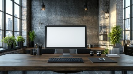 Modern workspace with blank computer screen.