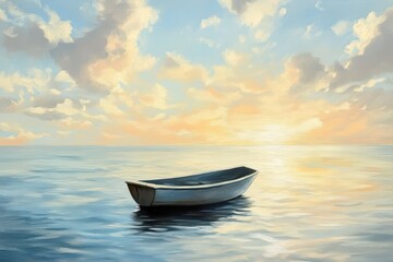Naklejka premium Tranquil sunset over calm waters with a solitary boat drifting peacefully