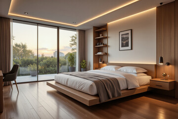 A photo of minimalistic bedroom interior design: A bedroom with a large bed and a large window.