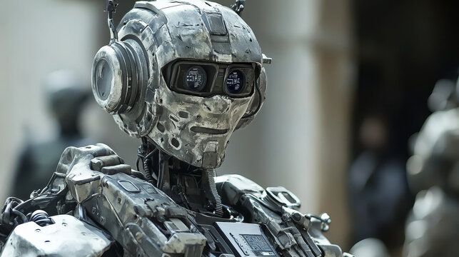 Artificial intelligence robot soldier, cartoon vector illustration isolated on background. Development of robots