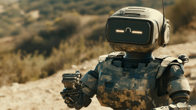 Artificial intelligence robot soldier, cartoon vector illustration isolated on background. Development of robots
