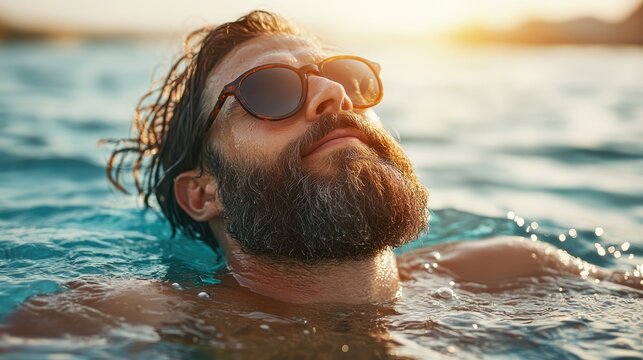 A man lounges in a sparkling pool under a radiant sunset, evoking feelings of relaxation and tranquility as the warm light reflects beautifully on the water's surface.
