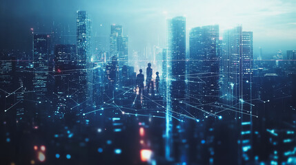 Fototapeta premium Abstract business team stands on the peak of success amid tall, innovative Smart city and graphs with statistics to analyze business potential and predict future developments in company growth.