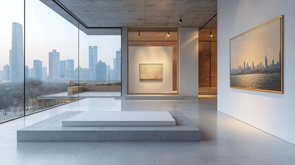 Modern art gallery with city skyline view.