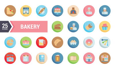 25 Flat Circle Icons for Bakery Businesses and Websites.