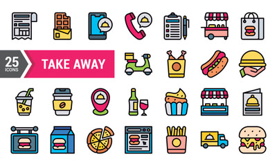 25 Colorful Take Away Food Delivery Icons.