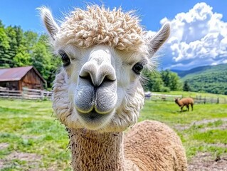 Obraz premium Curious alpaca with fluffy white coat explores green pasture under blue sky
