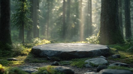 Fototapeta premium Mystical forest scene with stone platform.