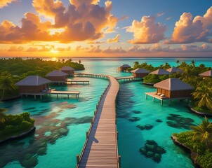 A breathtaking aerial view captures stunning expanse of Maldives island, showcasing luxurious water...