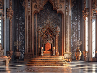 A regal King Throne stands in a grand hall, adorned with intricate carvings and luxurious fabrics, symbolizing power and authority in a generative stock photo