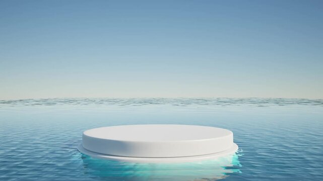 White podium on blue ocean, abstract Background and empty space for your product