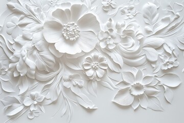 Intricate white floral relief showcasing detailed designs and textures in a harmonious arrangement of blooms and leaves