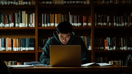 A man is sitting at a desk in a library with a laptop open in front of him