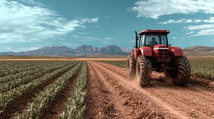 Obraz premium A vibrant red tractor plows through a rich green field, surrounded by majestic mountains under a bright blue sky, symbolizing agricultural strength and ecosystem balance.