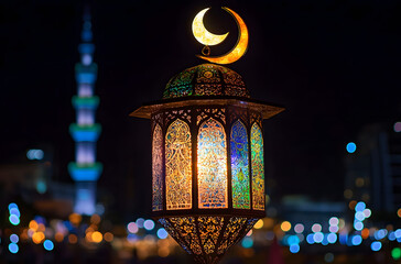 Lantern that have moon symbol on top for the Muslim feast of the holy month of Ramadan Kareem and Islamic new year concept.