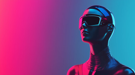 Cyberpunk Visionary: A futuristic portrait of a woman wearing sleek goggles, bathed in vibrant blue and pink neon lights. Her gaze is fixed on a distant horizon.