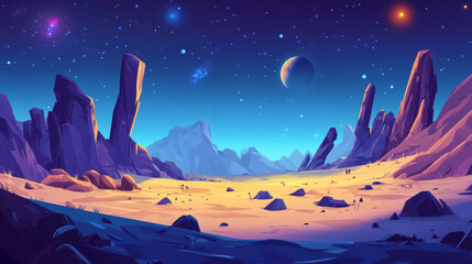 Dark night blue alien planet surface with desert and rock cliff mountains. Cartoon vector fiction outer space landscape with big stones and celestial bodies in sky for game level background.