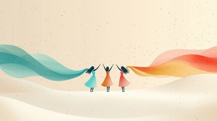 Three women with flowing scarves standing on dunes, symbolizing freedom and unity in a minimalist setting, with abstract elements emphasizing connection