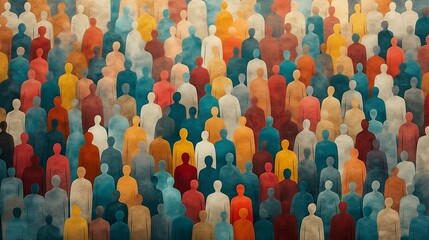 Obraz premium A crowd of colorful abstract human figures symbolizing diversity, inclusion, and unity in a textured artistic representation showcasing community and connection