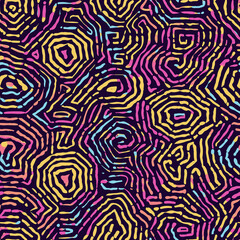 Obraz premium Simple Rangoli Seamlesspattern Colorful abstract pattern featuring concentric shapes and wavy lines on a dark background, creating a vibrant visual effect.