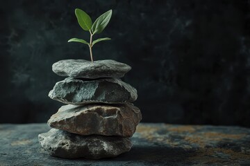 Stacked stones support a small green plant symbolizing growth and resilience in a natural setting