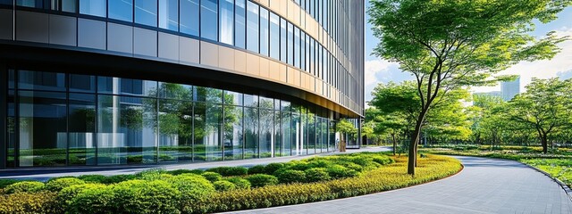 modern office building exterior, curved glass facade, landscaped garden, young trees, manicured lawn, circular driveway, reflective windows, architectural design, corporate headquarters, urban green s